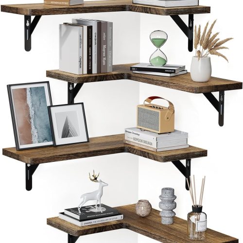 Amada Corner Floating Shelves, Paulownia Wood, Set of 4, Brown