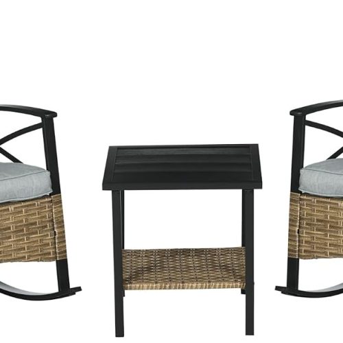 CT0438706JS_1 Outsunny 3 Piece Patio Rocking Chair Set, Outdoor Wicker Bistro Set with 2 Cushioned Porch Rockers and 2 Tier Coffee Table for Garden, Porch, Backyard, Light Gray