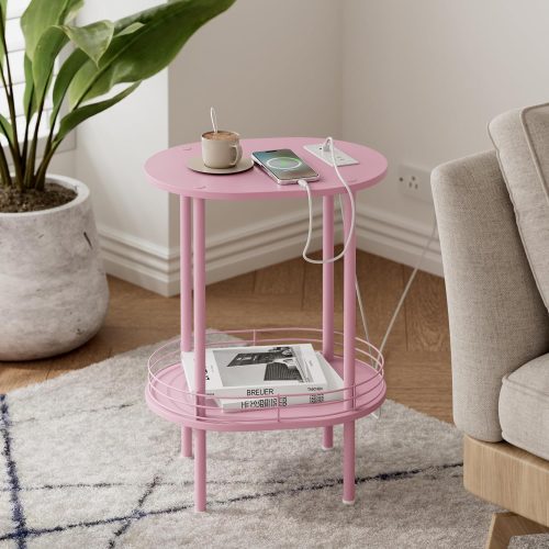 CT0438749JS_1 Small Oval Side Table with Charging Station, 2-Tier Pink Round End Table