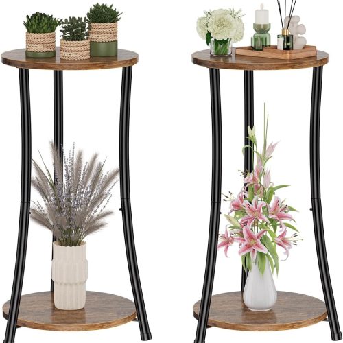 CT0438763JS_1 Simple Trending Round Side Table, 2 Tiers End Table for Living Room with Storage Shelf, Slim Sofa Table Set of 2, Rustic Brown