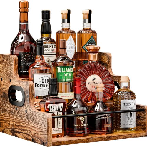 KLM Liquor Bottle Display Shelf, Coffee Syrup Rack Organizer, 3 Step Countertop Liquor Wine Rack, mini bar,liquor cabinet, Home Retro Bar Shelf Stand for Liquor Whiskey, Spirits