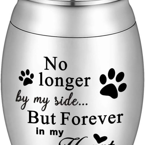 XIUDA 1.57 inches Mini Pet Memorial Small Urns for Dog and Cat Ashes, Stainless Steel Cremation Urn, Pet Paw Print Keepsake Urn for Ashes - No Longer by My Side Forever in My Heart