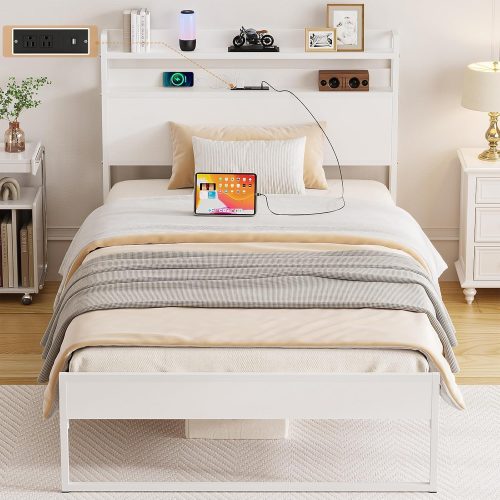 Elephance Twin Bed Frames with Charging Station and Storage Headboard White