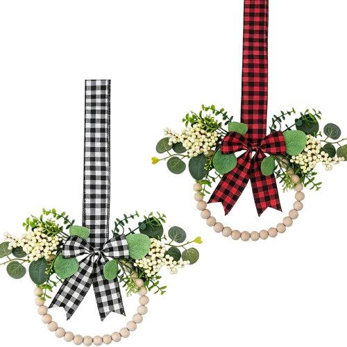 13.8 Inch Farmhouse Wood Bead Wreath (2 Pack) – Interchangeable Red & White Buffalo Plaid Bows, Rustic Hanging Decor with Eucalyptus Leaves & Berries for Front Door, Porch, Wall, Year Round