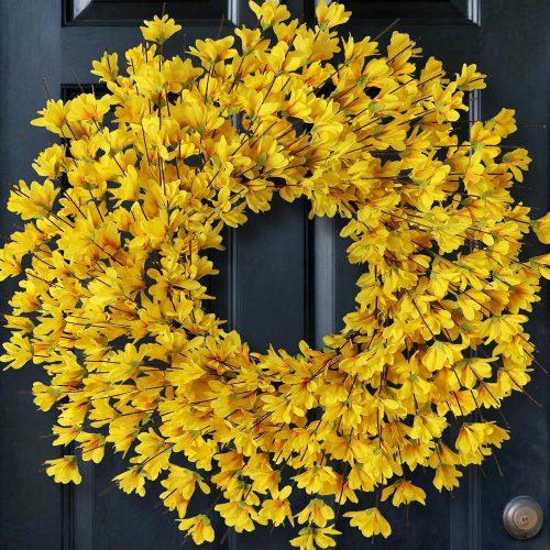 24" Artificial Yellow Forsythia Flower Wreath for Front Door Decor (Yellow)