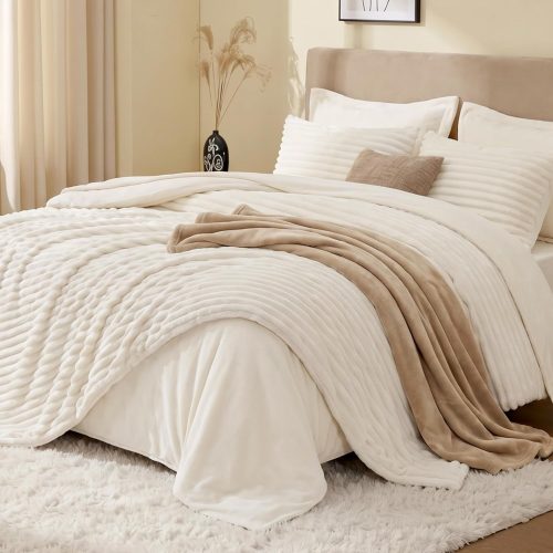EXQ Home Queen Fluffy Comforter Set, 7 Pieces Bed in a Bag,Beige