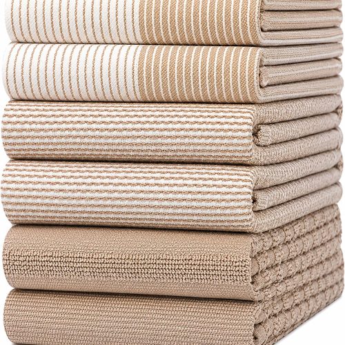 Premium Kitchen Towels 6 Pack 100% Cotton, 20"x28" Dish Towels - Tan