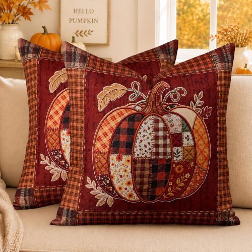 Fall Pillow Covers 18x18 2Pcs Patchwork Pumpkin Rustic Decor