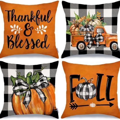 GEEORY Fall Buffalo Plaid Pumpkin Throw Pillow Covers 18 x 18 Inch Set of 4