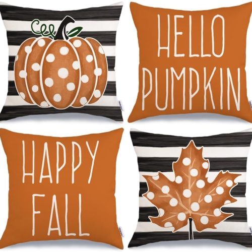 GEEORY 4 Pack 18x18 Fall Pumpkin Striped Pillow Covers Farmhouse Decor