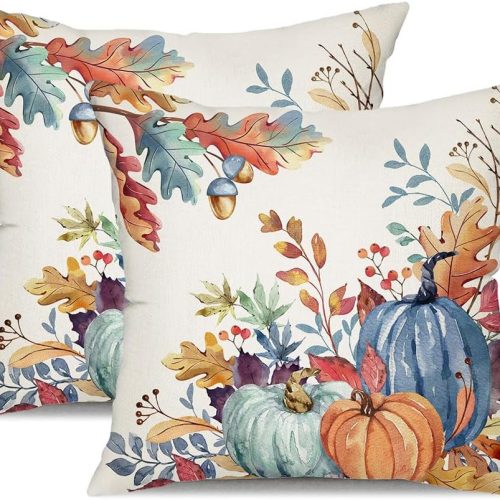 DFXSZ Fall Pillow Covers 18x18 inch Set of 2 Blue and Green Watercolor Pumpkin Fallen Leaves Decorative Throw Pillow Covers Autumn Thanksgiving Farmhouse Decoration for Home Couch TH27-E18