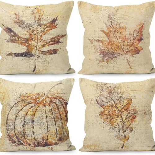 Rustic Fall Pumpkin Leaves Pillow Covers Decor 18x18 Set of 4