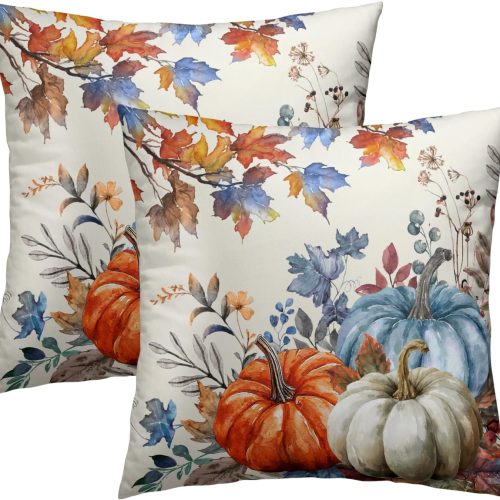 CT0440322JS_1 Imiss Fall Blue Orange Pumpkins Throw Pillow Covers 18 x 18 Inch Set of 2 Thanksgiving Maple Leaves Decorative Double Sided Cushion Cases Seasonal Outdoor Home Decor for Sofa Bedroom Porch