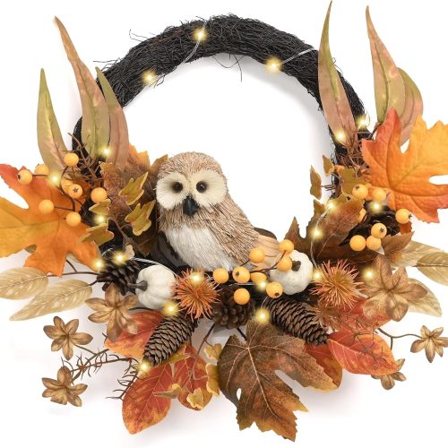 Valery Madelyn 18'' Fall Wreath for Front Door with Owl Pumpkin