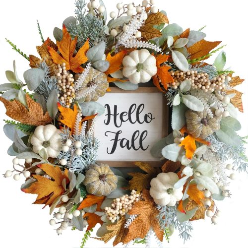20" Harvest Fall Wreath for Front Door,Pumpkins Berries Autumn Wreaths