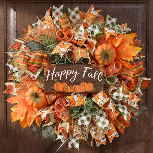 Fall Decor, Fall Wreaths for Front Door, 20" Wreath Mesh Bow with Wood Sign