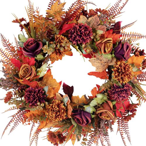 Fall Wreaths for Front Door 22 Inch Autumn Wreath with Burnt Orange Chrysanthemum Peonies Flowers Maple Leaves Farmhouse Fall Wreath for Outdoor Porch Window Thanksgiving Harvest Decor
