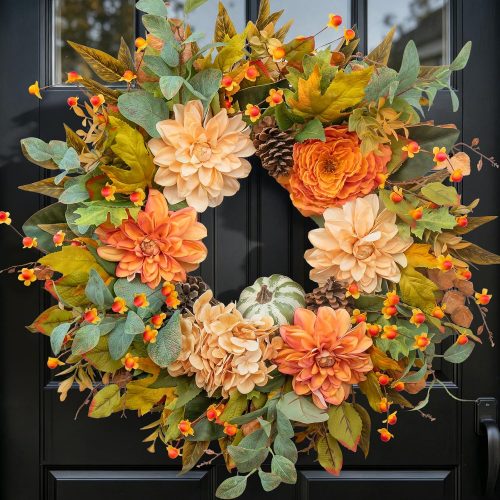 24 Inch Harvest Fall Wreaths for Front Door Outside with Dahlia & Pumpkins
