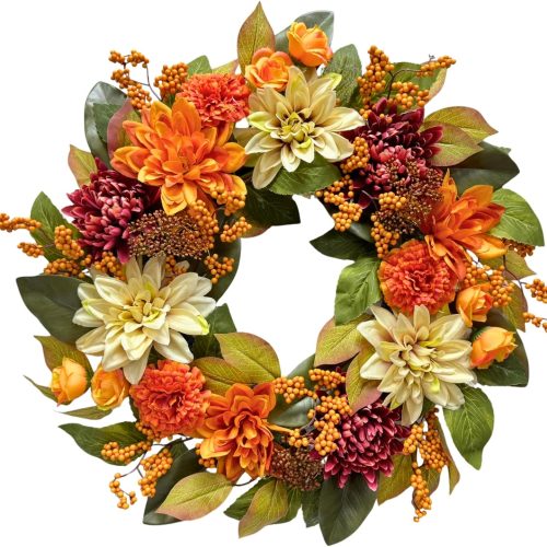 22 Inch Lighted Fall Wreath with Timer, Dahlias and Berry Clusters