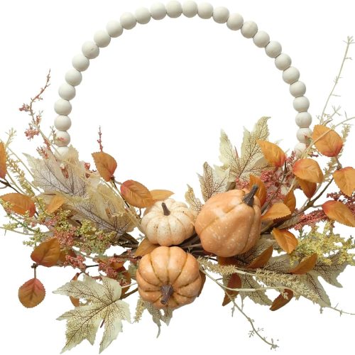 Autumn Wood Bead Pumpkin Fall Wreath for Front Door, 16" Pumpkin and Berries Wreath for Farmhouse Wall Thanksgiving, Fall Season Decor