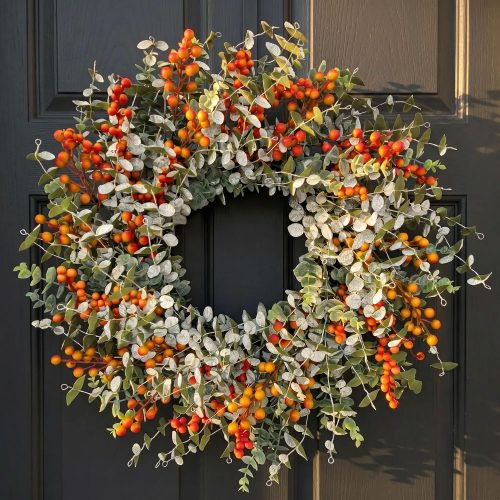 24" Fall Eucalyptus Boxwood Wreath, Orange Berries Front Door Harvest Decor