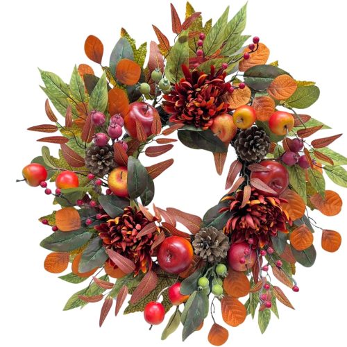 Svndlyn 22 Inch Fall Front Door Wreath with Faux Apples, Pinecones and Mums