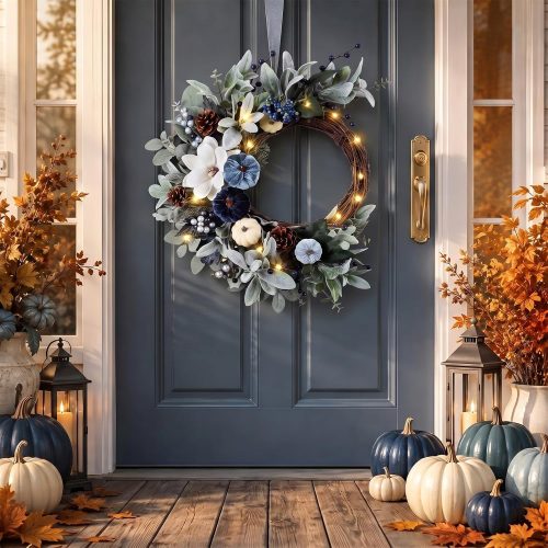 Suncalla 22'' Blue Fall Wreath for Front Door with Lights, Crescent