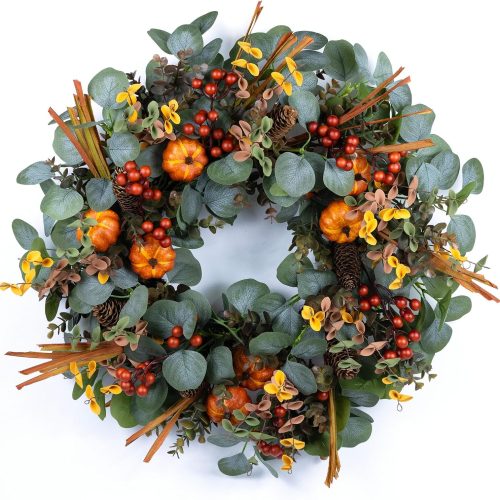 24" Eucalyptus Fall Wreath with Pumpkin Foliage for Farmhouse Autumn Door
