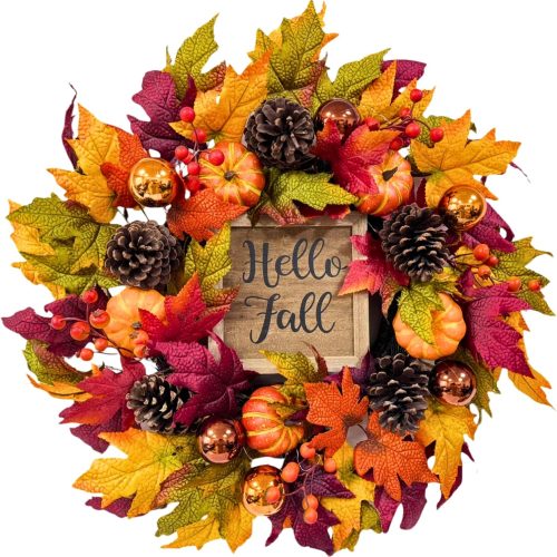 Svndlyn 22 Inch Lighted Fall Wreath with Timer and Hello Fall Sign