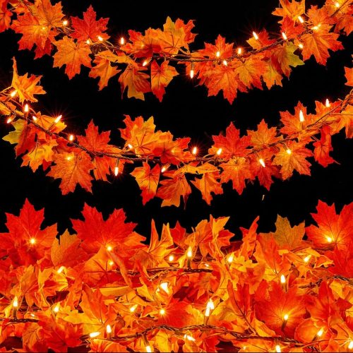 Meknow Fall Decor Fall Decorations for Home 9FT Plug in Fall Garland with Lights 50 Orange Bulbs Connectable Lighted Fall Garland Light for Indoor Outdoor Halloween Thanksgiving Harvest Decorations