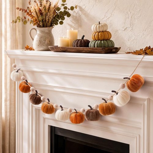 Fall Pumpkin Garland for Mantle Autumn Harvest Pumpkins Wooden Beads Banner
