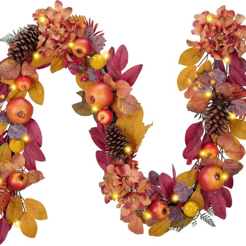 DecorbyHannah 6ft Fall Garland for Mantle with Lights & Leaves Pomegranate