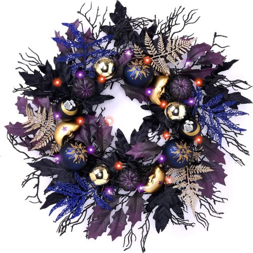 DecorbyHannah 24'' Pumpkins Halloween Wreath with Lights for Front Door
