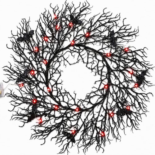 24 Inch Halloween Wreaths for Front Door 20 Red LED Lights