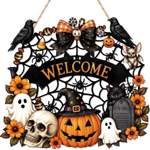 Halloween Door Sign Spooky Vintage Pumpkin Skull Welcome Wreath