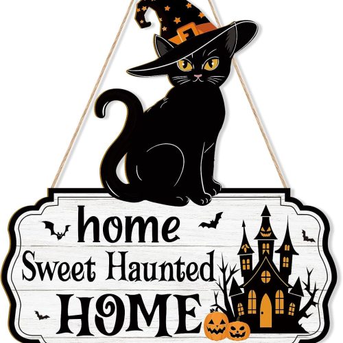 Halloween Decoration Wooden Black Cat Door Halloween Wreath for Front Door Sign Wall Signs Decor, Haunted Home Wreaths Hanging for Home Wall Outdoor Indoor Farmhouse Party Supply Pumpkin Ghost