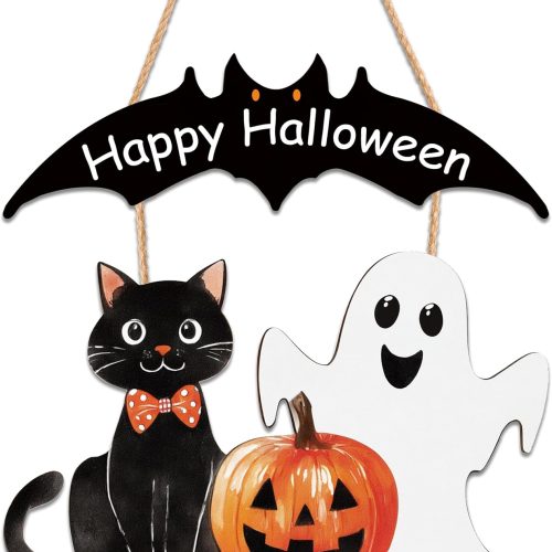 Halloween Wreath for Front Door, Happy Halloween Door Sign Decorations,Wooden Pumpkin Black Cat Ghost Hanging Decoration,Cute Door Decoration for Spooky Party (Ghost B)