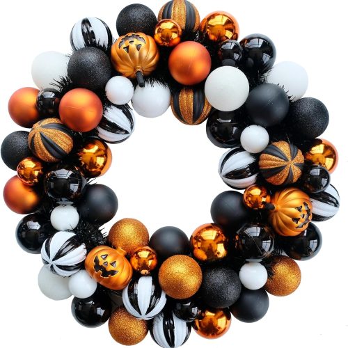 Happy Halloween Wreath for Front Door, 18” Artificial Ball Wreaths Door Decor for Home Halloween Party Decorations (18in)