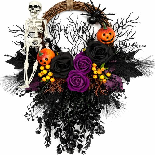 Halloween Wreath for Front Door 16" Dark Gothic Skull Spooky Decor