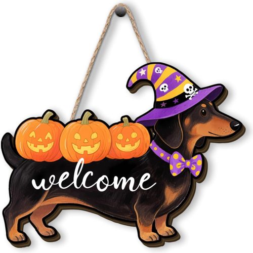 Halloween Wreath 11.8×8.6 Inch Cute Dachshund Pumpkin Home Party Decor