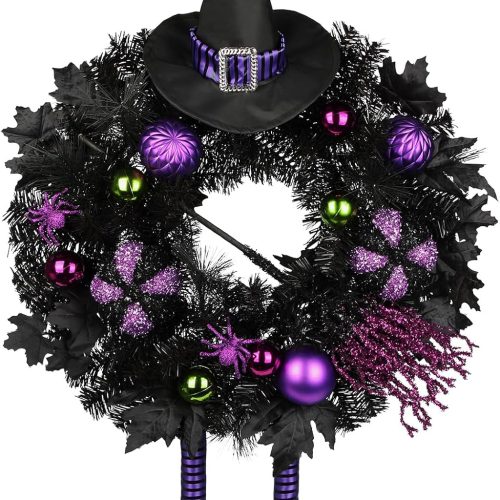 Halloween Wreath for Front Door 26" Tinsel Black Witch Wreath with Hat Legs and Purple Pumpkin for Fall Autumn Indoor Window Door Thanksgiving Halloween Decorations