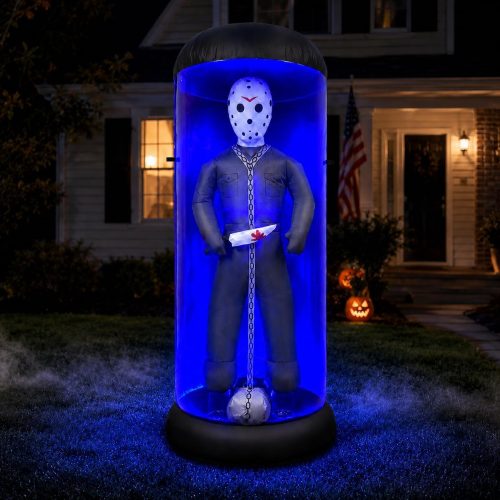 7.6FT Halloween Inflatable Outdoor Decoration, Caged Masked Killer Blow Up Yard Decor with Blue LED Lights, Horror Prisoner for Lawn Garden Party