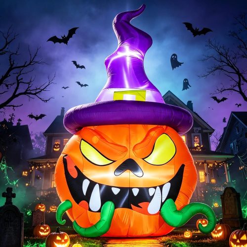 DomKom 12FT Halloween Inflatable Blow Up Decorations, Giant Pumpkin wear Witch's hat with Vines, Built-in LEDs for Holiday Party, Garden, Lawn, Yard, Patio Décor