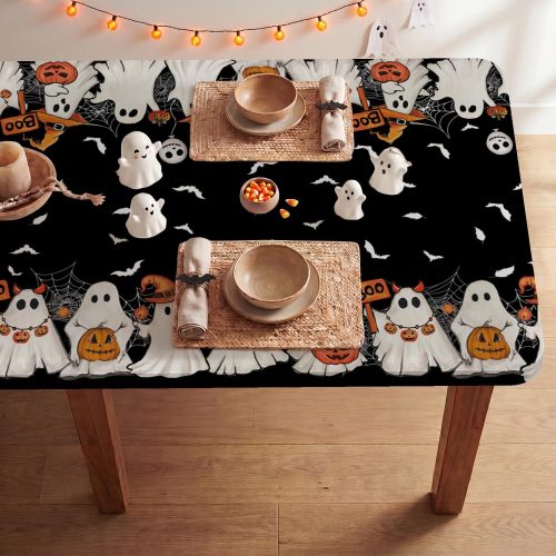 Horaldaily Halloween Fitted Tablecloth for 5ft Rectangle,Ghost Bat Black