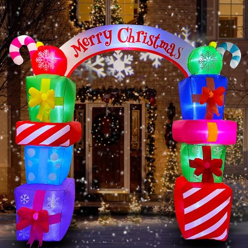 SEASONBLOW 8 FT Christmas Inflatable Gift Boxes Arch Archway with Candy Merry Christmas Decoration Blow Up Lighted for Xmas Lawn Yard Garden Home Indoor Outdoor