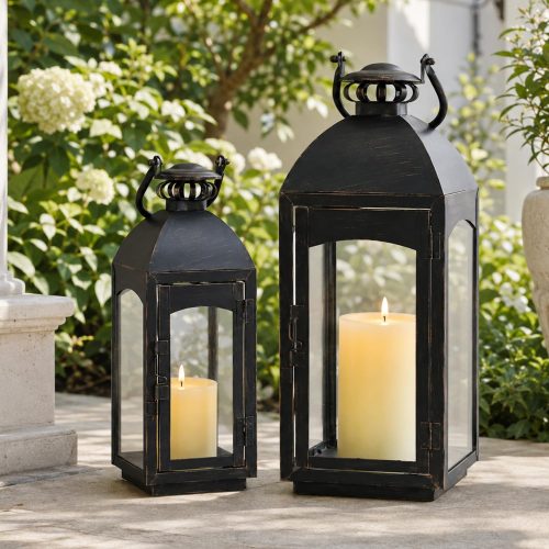 NEEDOMO Lanterns Decorative Indoor&Outdoor, 20''/16''H Set of 2 Outdoor Lanterns for Porch,Metal Frame Candle Holders Hanging Lights with Glass, Spring, Fall, Christmas