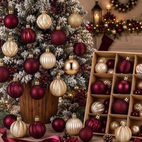 Lunmon 64 Pcs Burgundy and Gold Christmas Ball Ornament 1.57/1.97/2.36 Inch