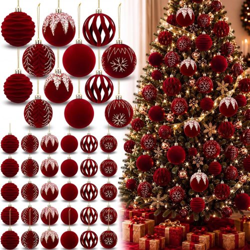 Duraaamo 30 Pcs Burgundy Red Velvet Christmas Ball Ornaments Set
