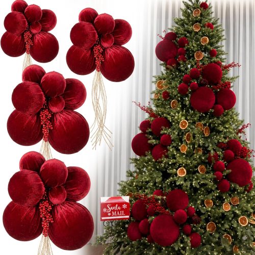 4 Set Large Burgundy Velvet Christmas Ball Clusters Christmas Ball Ornament