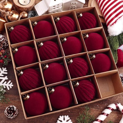 Pinkunn 24 Pcs Velvet Burgundy Christmas Ball Ornaments 3.15 Inch